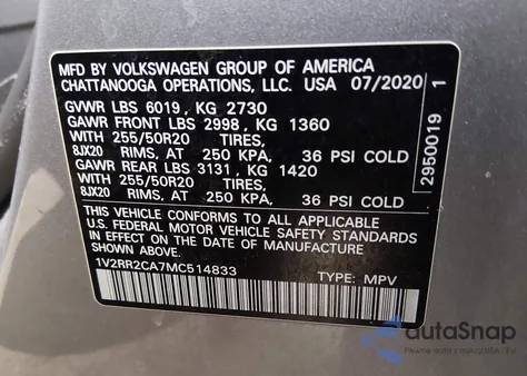 2021 Volkswagen Atlas 3.6L V6 Se W/Technology R-Line from USA, damaged, VIN 1V2RR2CA7MC514833